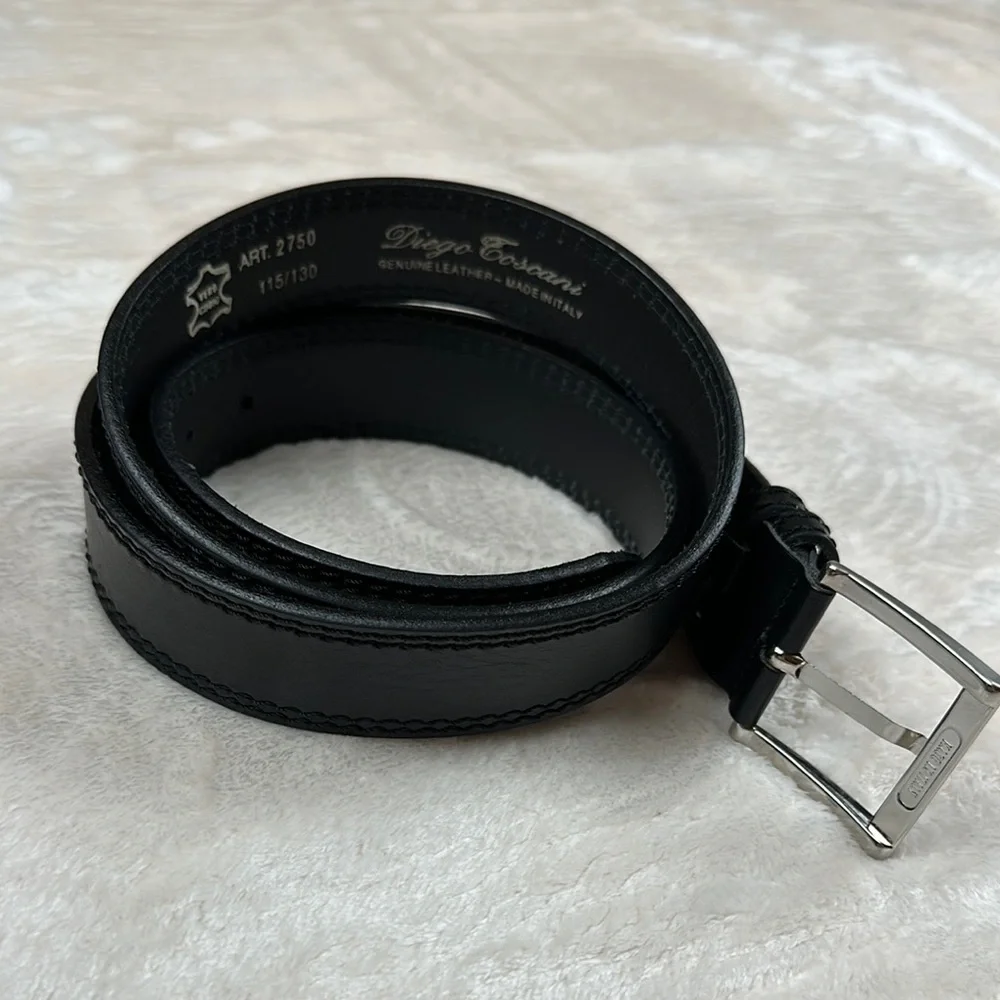 NWOT Handmade in Italy Black Leather Belt with Smooth Finish & Silver Buckle 51